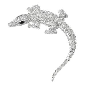 Silver Crocodile Alligator Pave Crystal Bling 4.4" Brooch Pin Rhinestone